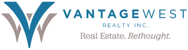 Vantagewest Realty Inc. Real Estate. Rethought. Vantage West logo in blue and grey, a division of Vantage West Realty.