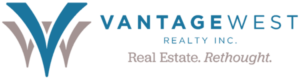 Vantagewest Realty Inc. Real Estate. Rethought. Vantage West Property Management logo in blue and grey, a division of Vantage West Realty.