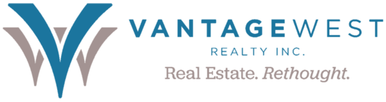 Vantagewest Realty Inc. Real Estate. Rethought. Vantage West Property Management logo in blue and grey, a division of Vantage West Realty.